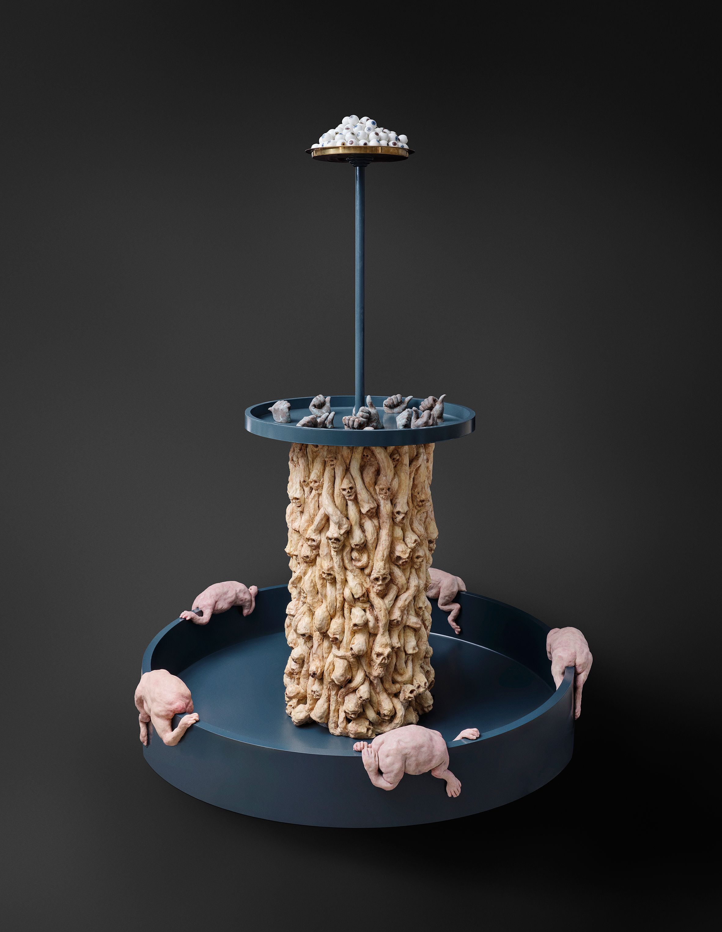 Skulptur af Michael Kvium med titlen Tearfall, skabt i 2024, opført i blandede materialer og måler ca. 240 x 150 cm i diameter. Værket består af et centralt tårn af forvredne menneskefigurer og groteske former, afsluttet med fade fyldt med hænder og øjenkugler.